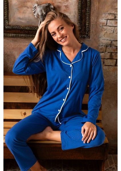 Kadın Saks Mavi Düğmeli Uzun Kol Pijama Takımı