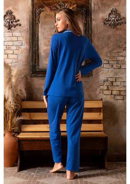 Kadın Saks Mavi Düğmeli Uzun Kol Pijama Takımı modelleri