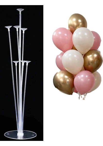 7'li Balon Standı ve 10 Adet Krom Gold, Kum ve Pembe Balon Set