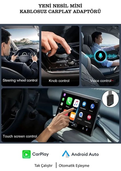 Yeni Tasarım Mini Kablosuz Carplay USB ve Type-C Uyumlu Araç Multimedya Adaptörü