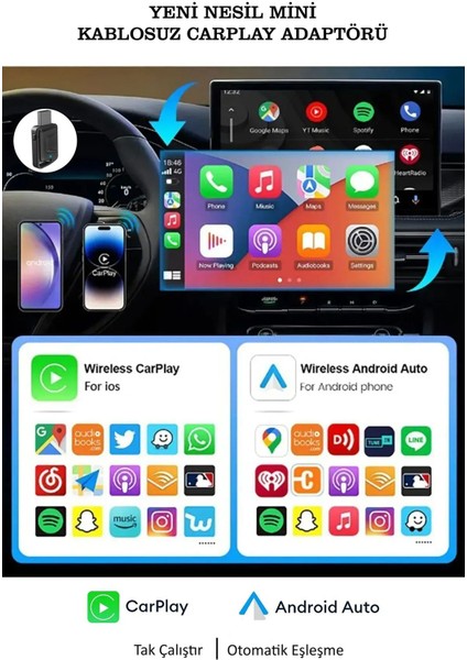Yeni Tasarım Mini Kablosuz Carplay USB ve Type-C Uyumlu Araç Multimedya Adaptörü