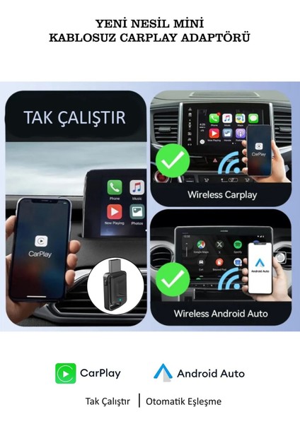 Yeni Tasarım Mini Kablosuz Carplay USB ve Type-C Uyumlu Araç Multimedya Adaptörü