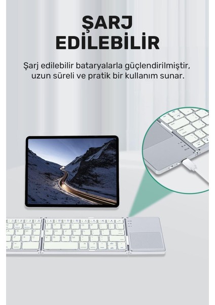 Katlanabilir Bluetooth Klavye Ultra Ince, Şarj Edilebilir, Touchpadli, Kablosuz
