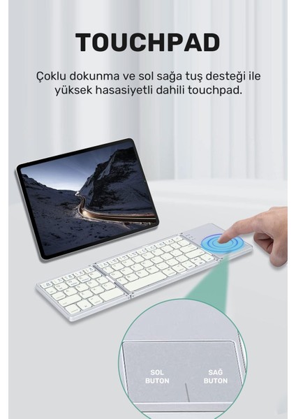 Katlanabilir Bluetooth Klavye Ultra Ince, Şarj Edilebilir, Touchpadli, Kablosuz