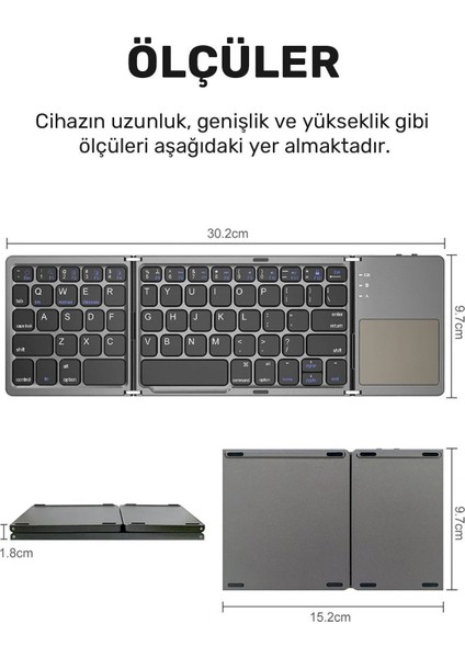 Katlanabilir Bluetooth Klavye Ultra Ince, Şarj Edilebilir, Touchpadli, Kablosuz