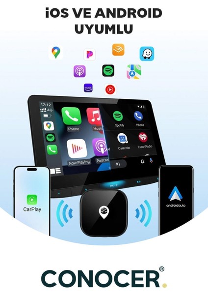Apple iPhone iOS ve Android Auto Uyumlu Kablosuz Carplay Adaptörü Wireless Carplay Çevirici