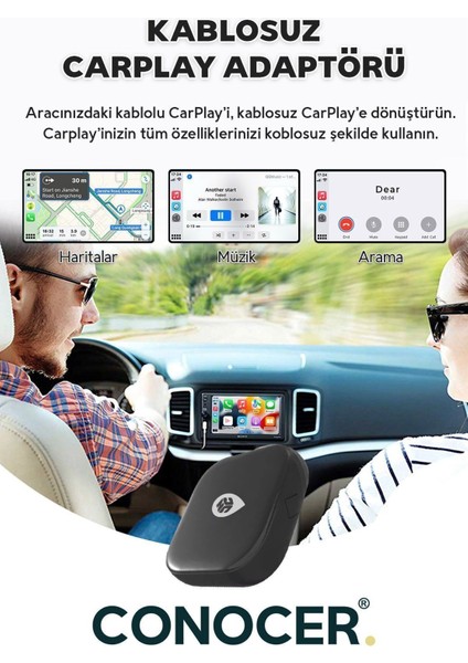 Apple iPhone iOS ve Android Auto Uyumlu Kablosuz Carplay Adaptörü Wireless Carplay Çevirici
