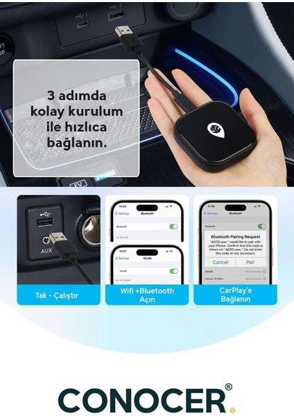 Apple iPhone iOS ve Android Auto Uyumlu Kablosuz Carplay Adaptörü Wireless Carplay Çevirici