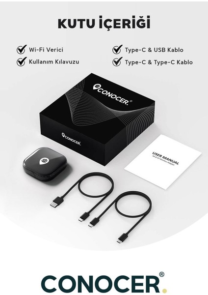 Apple iPhone iOS ve Android Auto Uyumlu Kablosuz Carplay Adaptörü Wireless Carplay Çevirici