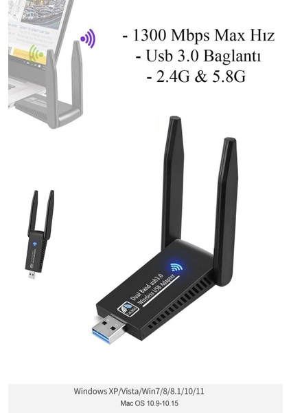 Yüksek Kalite Çift Antenli AC1300 Mbps Dual(Çift) Bant USB 3.0 Adaptör Kablosuz USB Wifi Adaptörü