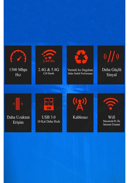 Yüksek Kalite Çift Antenli AC1300 Mbps Dual(Çift) Bant USB 3.0 Adaptör Kablosuz USB Wifi Adaptörü