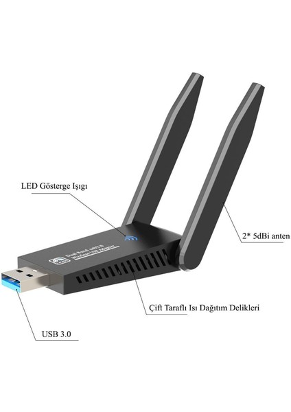 Yüksek Kalite Çift Antenli AC1300 Mbps Dual(Çift) Bant USB 3.0 Adaptör Kablosuz USB Wifi Adaptörü