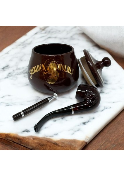 Sherlock Holmes El Yapımı Seramik Pipo Tutun Kavanozu Kahve Small