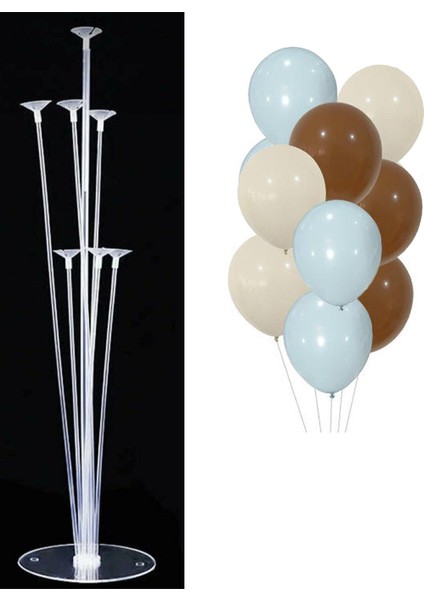 7'li Balon Standı ve 10 Adet Mavi Deniz Kumu ve Kahverengi Balon Set