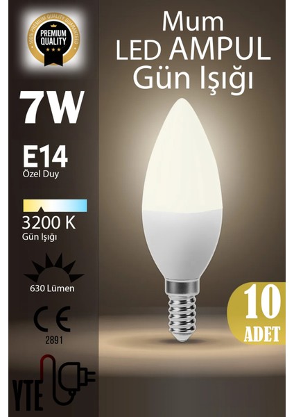 10 Adet Kaliteli Gün Işığı 7W Mum LED Ampul E14 Duy