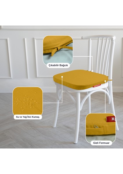 6'lı Standartfit Oval Sandalye Minderi Fermuarlı Yıkanabilir Kılıf Bağcıklı Su ve Yağ Itici 42 x 42 x 5 Hardal