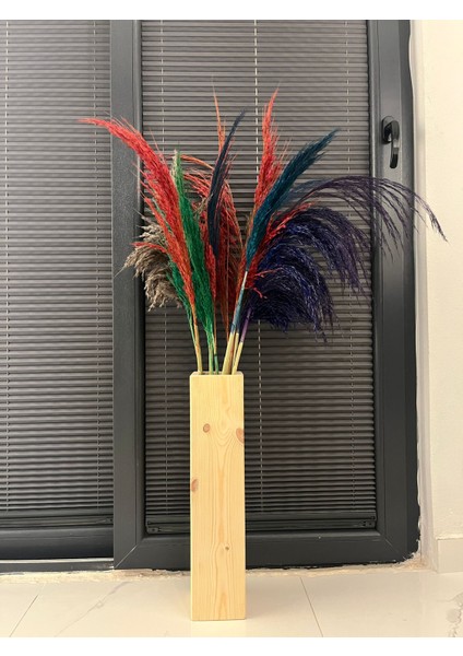Dekoratif Ahşap Vazo Pampas Yapay Çiçek Vazosu 50 cm