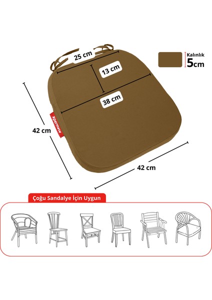6'lı Standartfit Oval Sandalye Minderi Fermuarlı Yıkanabilir Kılıf Bağcıklı Su ve Yağ Itici 42 x 42 x 5 Kahverengi