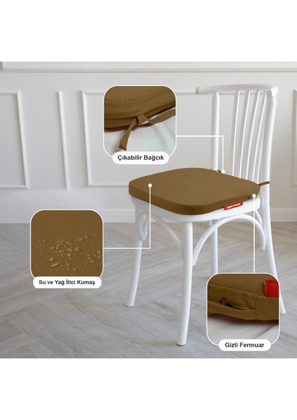 6'lı Standartfit Oval Sandalye Minderi Fermuarlı Yıkanabilir Kılıf Bağcıklı Su ve Yağ Itici 42 x 42 x 5 Kahverengi
