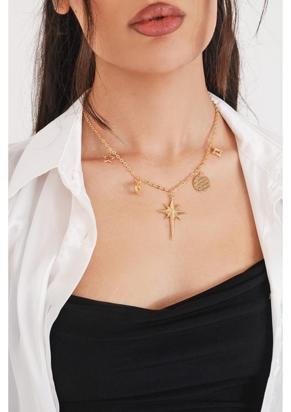Pınkmark Kadın Gold 5 Charm Kaplamalı Bijuteri Kolye 50CM PMKL25625
