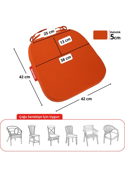 6'lı Standartfit Oval Sandalye Minderi Fermuarlı Yıkanabilir Kılıf Bağcıklı Su ve Yağ Itici 42 x 42 x 5 Kiremit