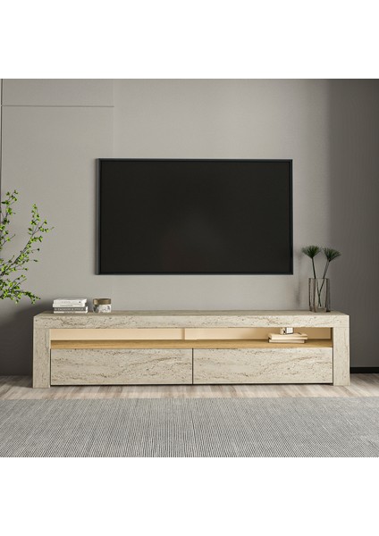 Batı LED Işıklı 2 Kapaklı Tv Ünitesi Tv Sehpası Traverten