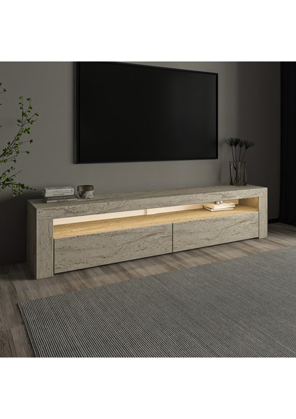 Batı LED Işıklı 2 Kapaklı Tv Ünitesi Tv Sehpası Traverten fiyatları