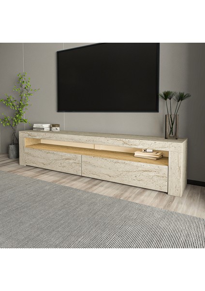 Batı LED Işıklı 2 Kapaklı Tv Ünitesi Tv Sehpası Traverten modelleri