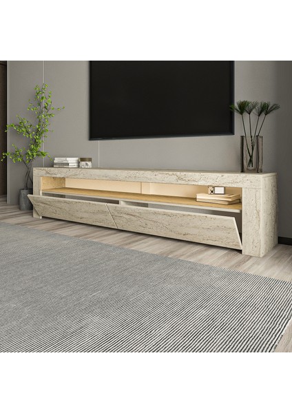 Batı LED Işıklı 2 Kapaklı Tv Ünitesi Tv Sehpası Traverten fırsatları