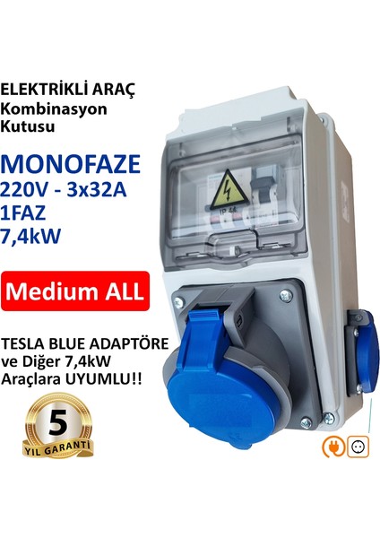 Elektrikli Araç Kombinasyon Kutusu, Tesla Blue Adaptöre Uyumlu, ’’medium All’’ 3X32A + 1X16A