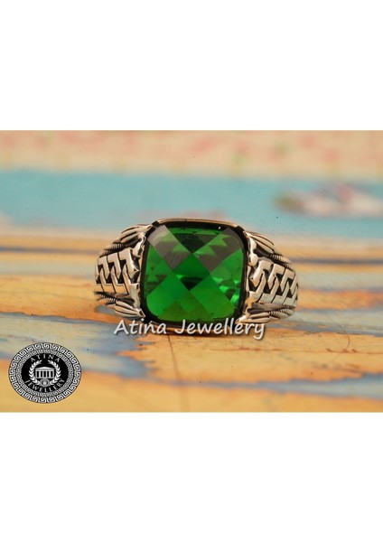 Zirkon Yeşil Zümrüt Taşlı 925 Ayar Gümüş Erkek Yüzük