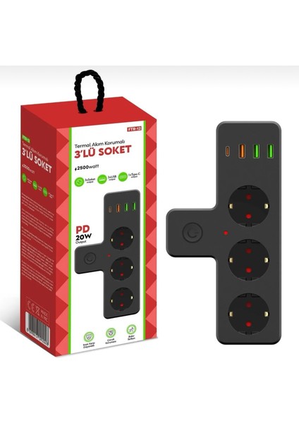 Wınnboss WN-3397 Akım Korumalı Priz 3'lü Anahtarlı 3 x Usb 1 x Type-C 10A 2500 W 323090