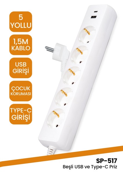 SP-517 Beşli USB Type C Çocuk Korumalı Grup Priz Uzatma Kablosu