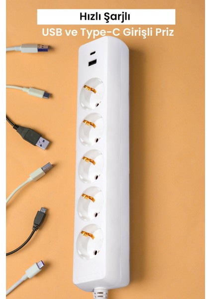 SP-517 Beşli USB Type C Çocuk Korumalı Grup Priz Uzatma Kablosu
