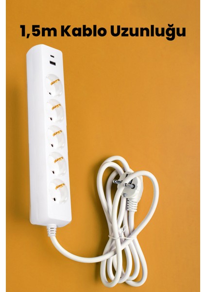 SP-517 Beşli USB Type C Çocuk Korumalı Grup Priz Uzatma Kablosu