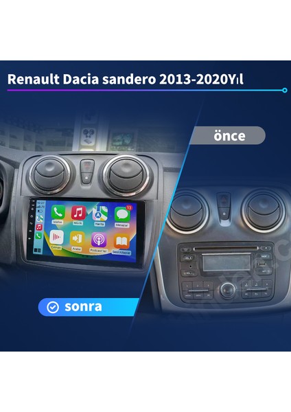 Renault Dacia sandero 2013-2020Yıl Android Sürüm 13 Kablosuz Carplay Navigasyon Multimedya 9 Inç Ekran 2g Ram+ 32GB Hafıza Çerçeve ve Arka Görüş Kamerası ile