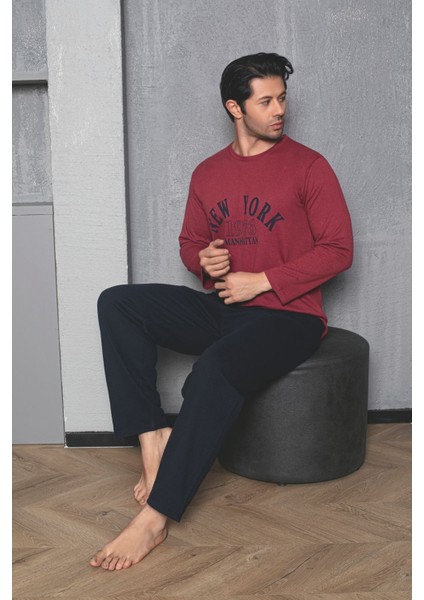 Erkek Bordo Yazı Desenli Iki Iplik (Kışlık) Pijama Takımı