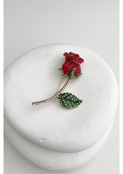 Altın Rengi Taşlı Kırmızı Gül Broş (6cm)