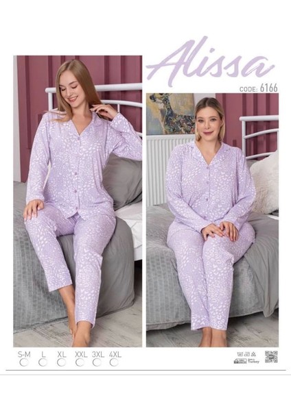 6166 Bayan Önü Düğmeli Desenli Pijama Takımı