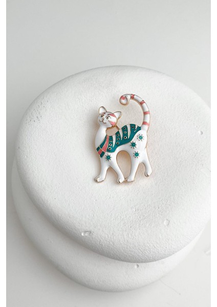 Beyaz Mineli Renkli Sevimli Kedi Broş (3cm)