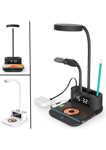 Masaüstü Kalemlik Işıklı Saatli Alarmlı ve USB Girişli 15W Kablosuz Şarj Cihazı Wireless Charger