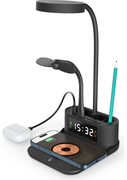 Masaüstü Kalemlik Işıklı Saatli Alarmlı ve USB Girişli 15W Kablosuz Şarj Cihazı Wireless Charger fırsatları