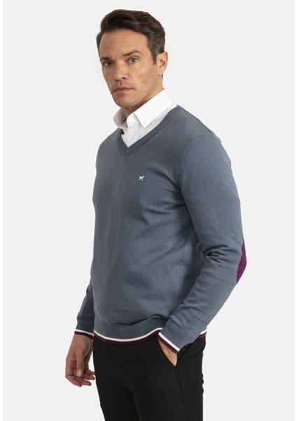 Williot Regular Fit V Yaka Nakışlı %100 Pamuk Triko Erkek Kazak
