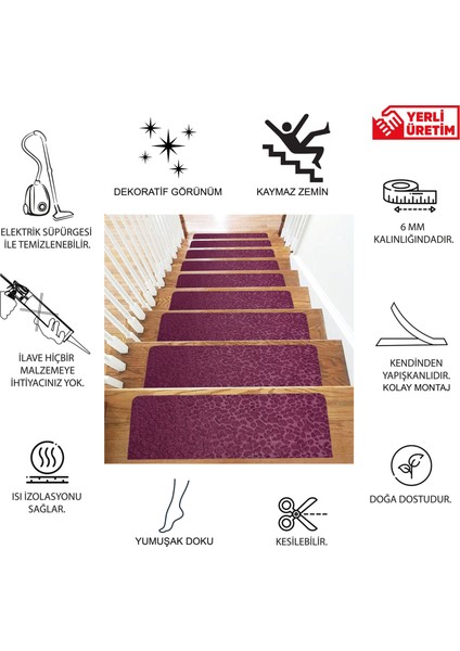 Bordo Kaydırmaz Keçe Merdiven Matı 22X75 cm