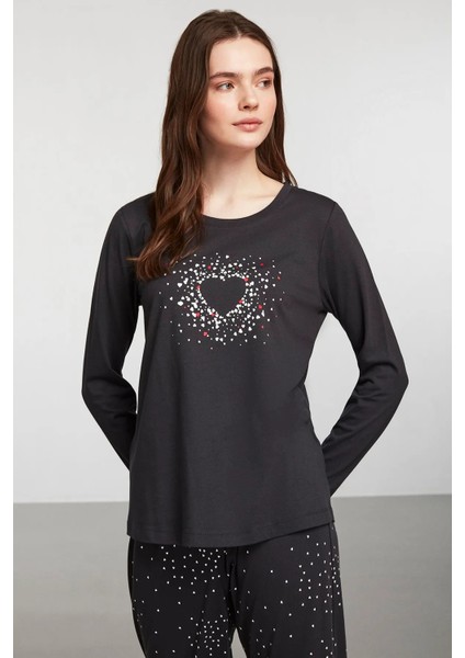 Kadın Kalp Desenli Pijama Takım Antrasit modelleri