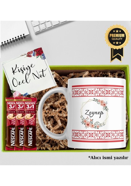 Kişiye Özel Kırmızı Motifli İsimli Otantik Kahve Hediye Seti Kupa Bardak