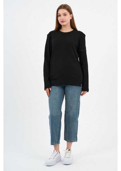 Kol Detaylı Bisiklet Yaka Basic Sweatshirt (WK25425)