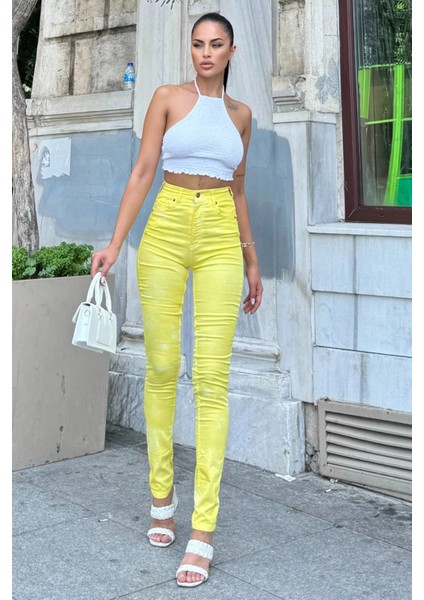 Sarı Yüksek Bel Skinny Jean Pantolon fiyatları