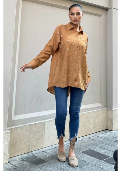 Taş Kahve Keten Taşlı Klasik Gömlek modelleri