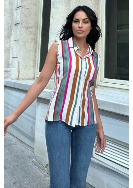 Haki Çizgili Kolsuz Viskon Gömlek fiyatları